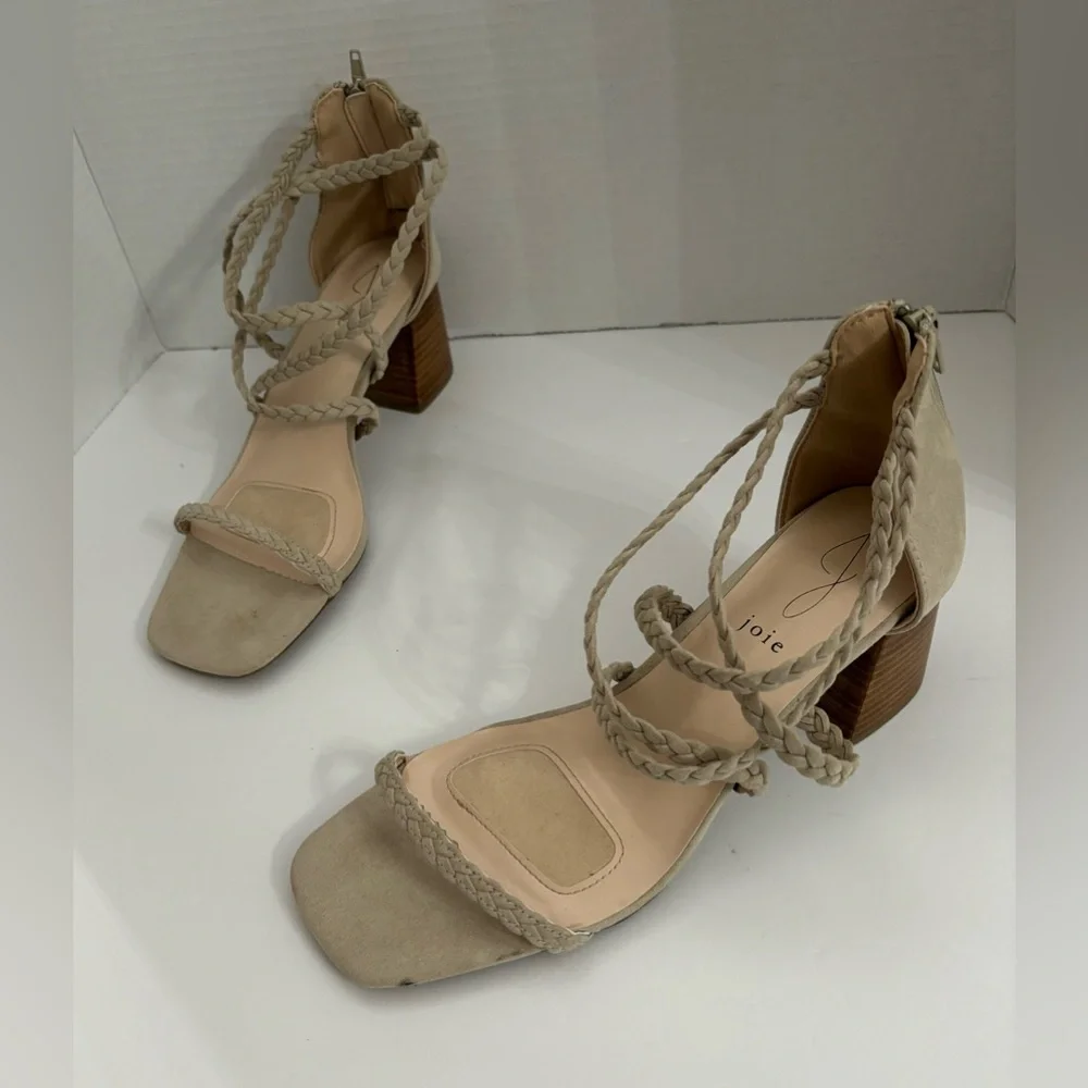 Joie Felina Women Beige Braided Open Toe Strappy Block Heel Sandals Size 9.5